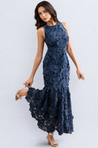 Almond Blue Sleeveless Lace Maxi Dress