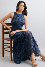 Almond Blue Sleeveless Lace Maxi Dress