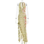 Slit ruffle flower print halter ruched mini dress  | Festival Outfits Women