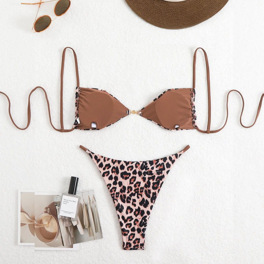 Leopard print self tie v neck cami bikini swimwear