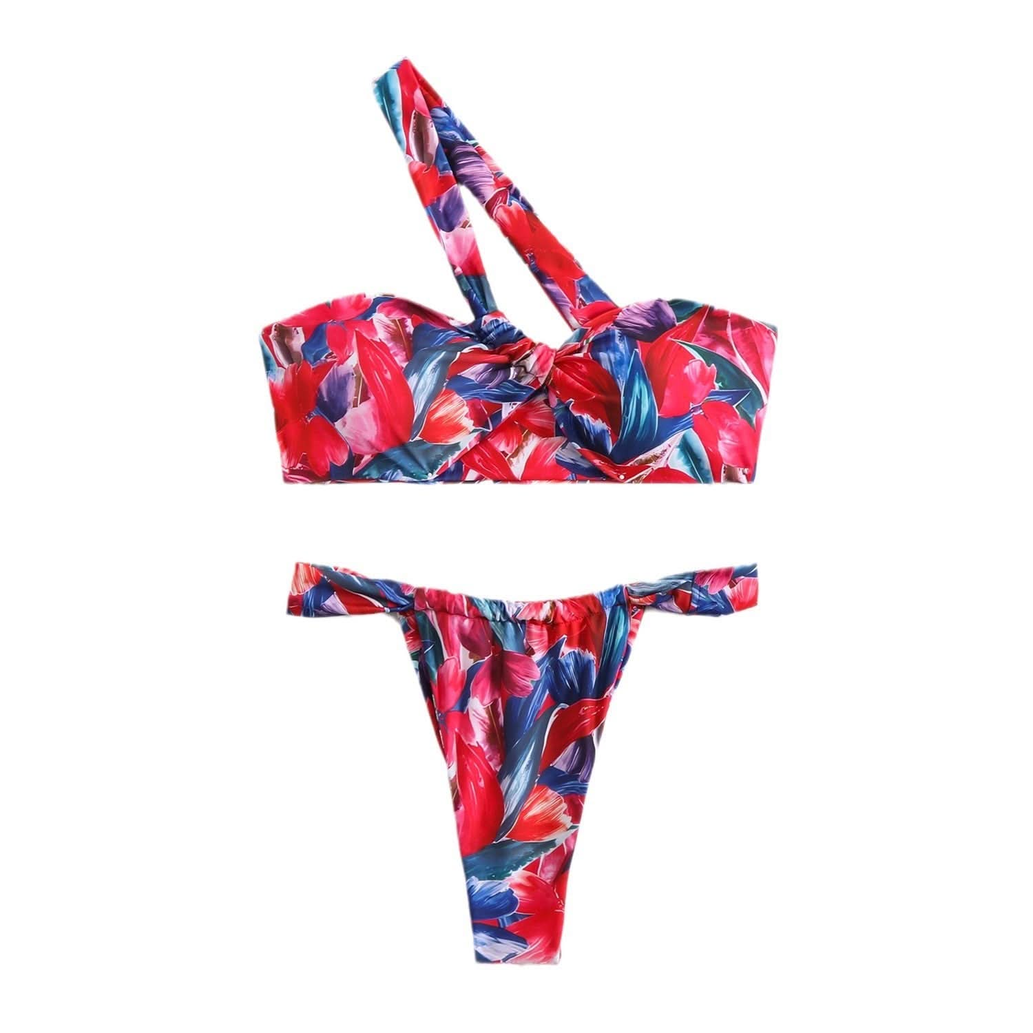 One shoulder print irregular bikini swimwear