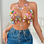 Metal chain halter hollow out star applique cut out top  | Festival Outfits Women