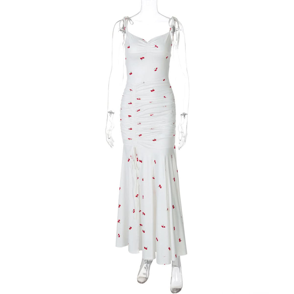 Drawstring slit ruched print cami maxi dress  | Festival Outfits Women