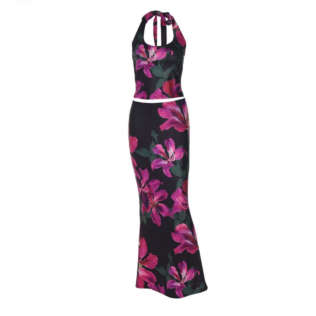 Halter self tie u neck flower print maxi skirt set  | Festival Outfits Women