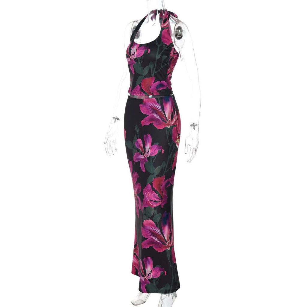 Halter self tie u neck flower print maxi skirt set  | Festival Outfits Women