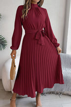 Mock Neck Lantern Sleeve Belted Pleated A-Line Midi Dress
