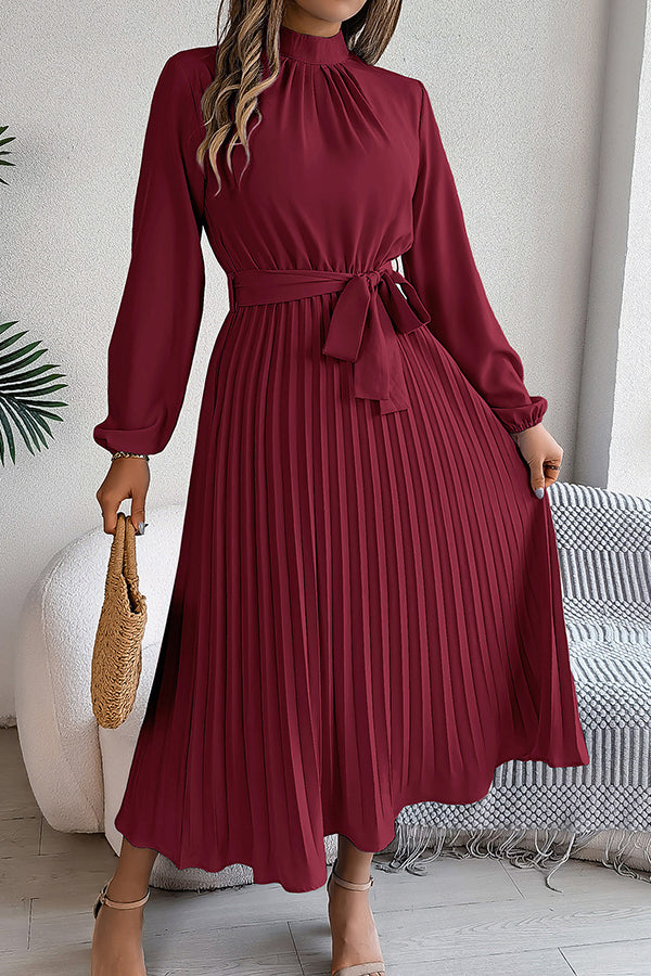 Mock Neck Lantern Sleeve Belted Pleated A-Line Midi Dress