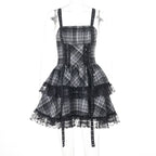 Plaid lace hem lace up cami mini dress  | Festival Outfits Women