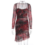 Long sleeve contrast mesh ruffle mini dress  | Festival Outfits Women