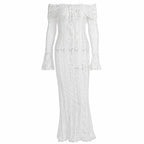 Long flared sleeve off shoulder lace self tie maxi dress  | Festival Outfits Women