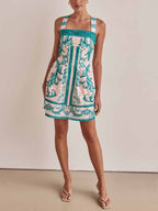 Majolica Tile Print Square Neck Wide Strap Fit and Flare Pocket Mini Dress