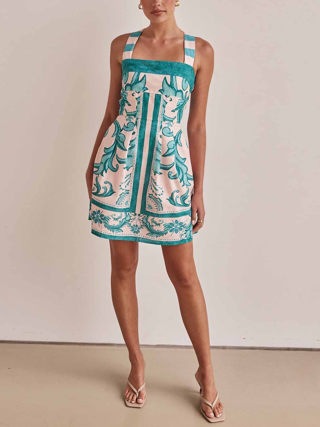 Majolica Tile Print Square Neck Wide Strap Fit and Flare Pocket Mini Dress