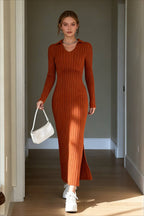 Rib Knit Polo Collar V-Neck Long Sleeve High Slit Maxi Dress
