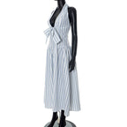 Striped bowknot zip-up halter maxi dress  | Festival Outfits Women