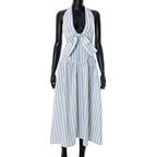 Striped bowknot zip-up halter maxi dress  | Festival Outfits Women