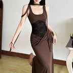U neck lace patchwork ruched maxi dress  | Festival Outfits Women