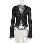 Long sleeve ruffle v neck print self tie top  | Festival Outfits Women