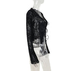 Long sleeve ruffle v neck print self tie top  | Festival Outfits Women