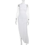Hoodie Irregular slit crewneck ruched midi dress  | Festival Outfits Women