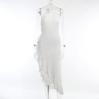 Ruffle irregular flower applique halter slit midi dress  | Festival Outfits Women