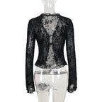 Long sleeve ruffle v neck print self tie top  | Festival Outfits Women