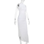 Hoodie Irregular slit crewneck ruched midi dress  | Festival Outfits Women