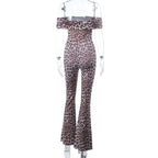 Leopard print off shoulder ruched jumpsuit  | Festival Outfits Women