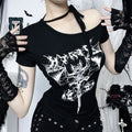 Short sleeve bat print irregular black top  | Festival Outfits Women