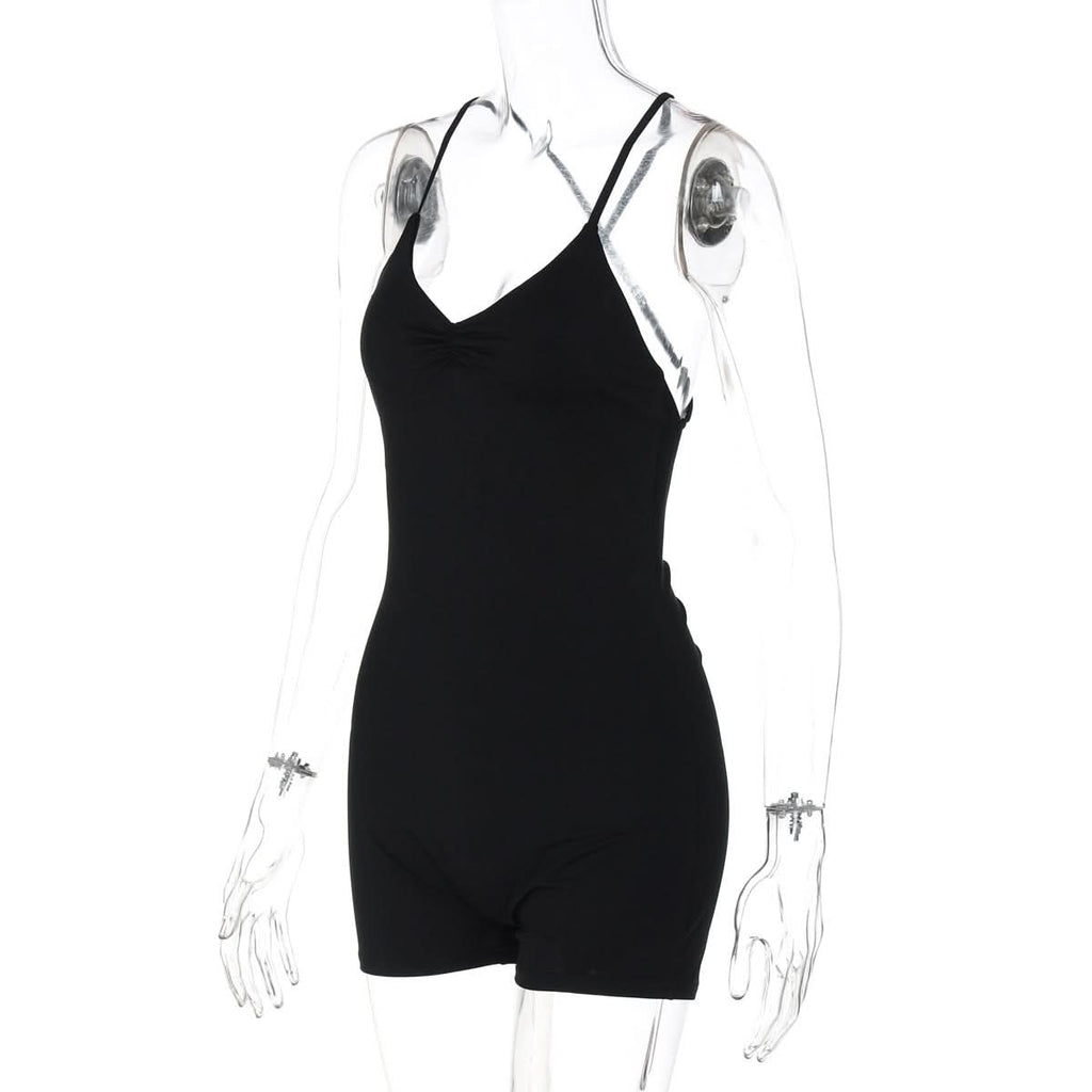 Cross back ruched v neck cami romper  | Festival Outfits Women