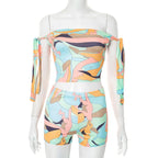 Off shoulder print self tie medium rise pant set  | Festival Outfits Women
