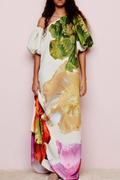 Casual Vacation Print Backless Oblique Collar Long Dresses
