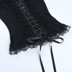 Lace hem lace up slit round neck top  | Festival Outfits Women
