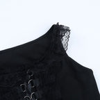 Lace hem lace up slit round neck top  | Festival Outfits Women