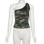 One shoulder self tie irregular camouflage top  | Festival Outfits Women