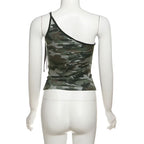 One shoulder self tie irregular camouflage top  | Festival Outfits Women