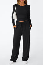 Casual Daily Solid Color Basic O Neck Long Sleeve Two Pieces