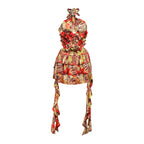 Hollow out halter self tie ruffle print cut out mini dress  | Festival Outfits Women