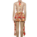 Hollow out halter self tie ruffle print cut out mini dress  | Festival Outfits Women