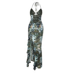 Halter self tie ruffle print v neck maxi dress  | Festival Outfits Women