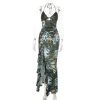 Halter self tie ruffle print v neck maxi dress  | Festival Outfits Women