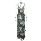 Halter self tie ruffle print v neck maxi dress  | Festival Outfits Women
