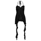 Mesh ruffle self tie v neck halter top  | Festival Outfits Women