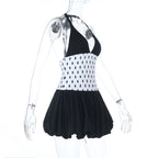Halter polka dot v neck smocked mini dress  | Festival Outfits Women