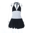 Halter polka dot v neck smocked mini dress  | Festival Outfits Women