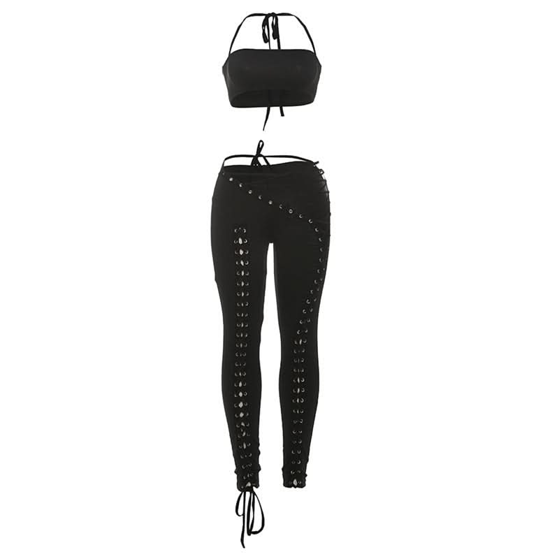 Self tie halter square neck lace up pant set  | Festival Outfits Women