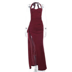 Halter high slit ruched solid maxi dress  | Festival Outfits Women