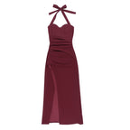 Halter high slit ruched solid maxi dress  | Festival Outfits Women
