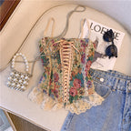 Lace up smocked lace hem flower pattern cami top  | Festival Outfits Women
