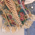 Lace up smocked lace hem flower pattern cami top  | Festival Outfits Women