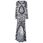 Zebra print hollow out slit ruffle cut out maxi dress  | Festival Outfits Women